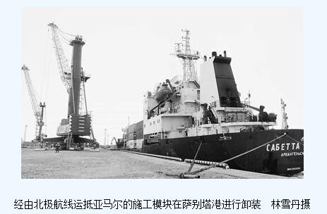 經(jīng)由北極航線運抵亞馬爾的施工模塊在薩別塔港進行卸裝